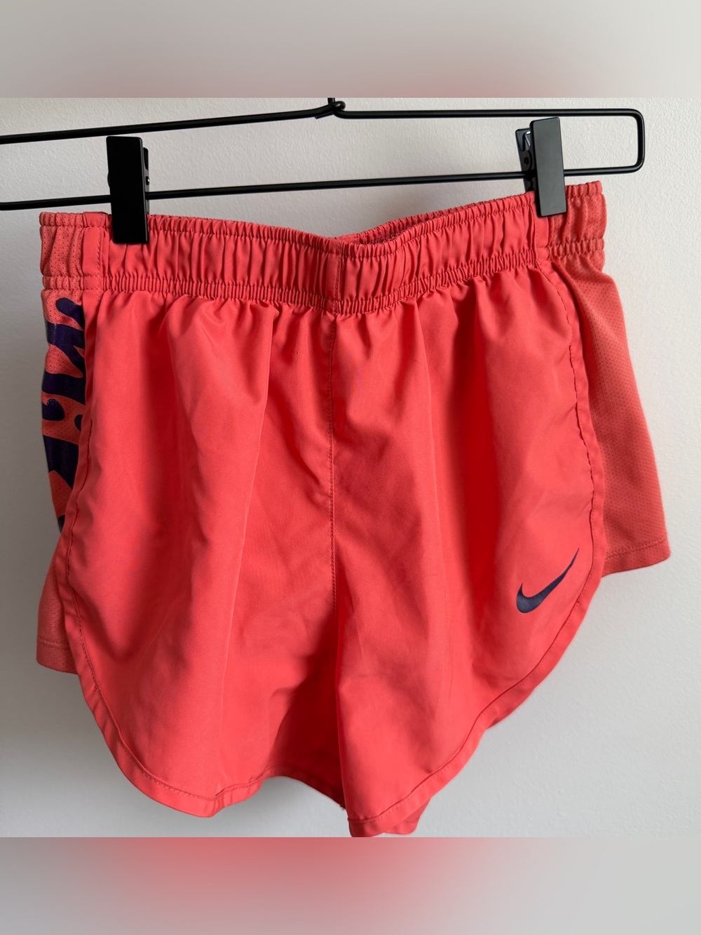 Nike Bright Coral Dry-Fit Running Shorts with Purple Logo | Small